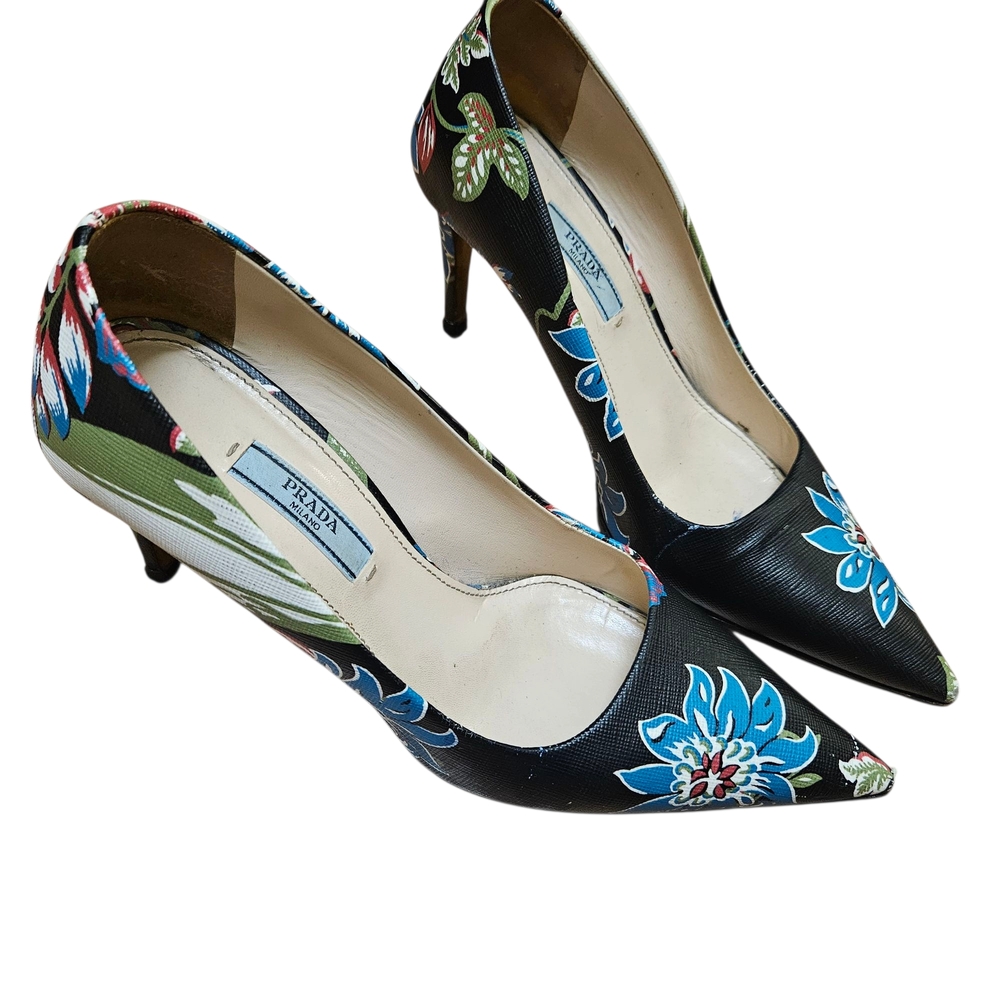 Prada Navy Floral Platform Heels Size 37 Or Size 6.5 - Picture 3 of 6